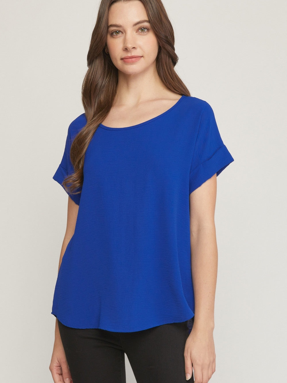 Korye Royal Blue Textured Short Sleeve Dolman Blouse Flowy Minimalist Top